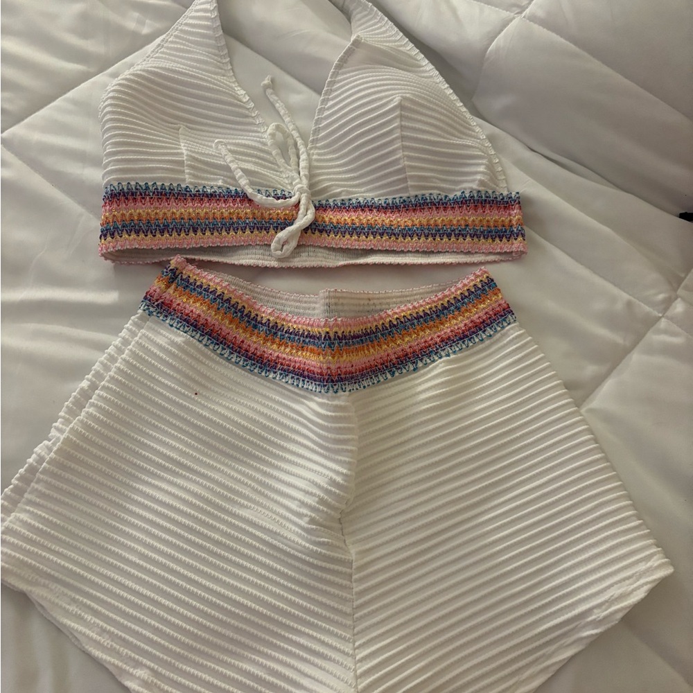 SHEIN White and Multicolor Striped Bikini Set
